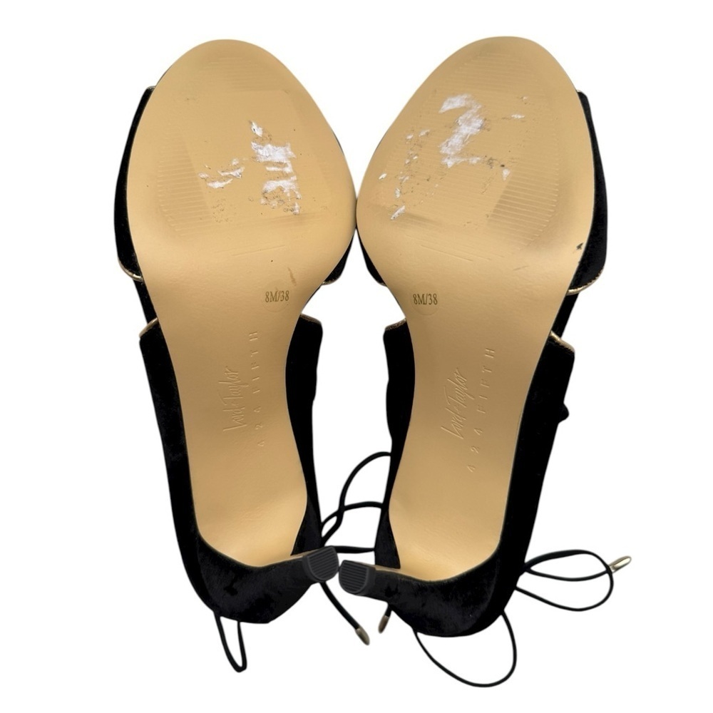 Lord & Taylor Lace Up Peep Toe Heels Sz 8 EU 38 Black Velvet Gold Stiletto - Picture 6 of 8
